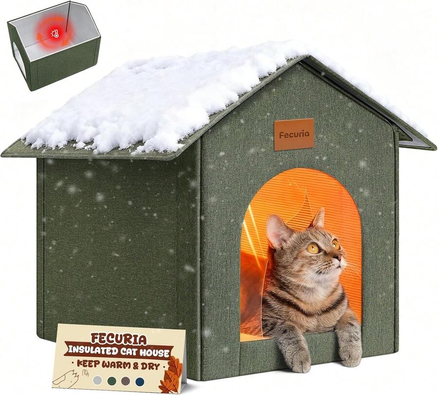 Insulated Outdoor Cat House Weatherproof, Winter Cat Houses For Outdoor Cats With Heated-Foil, Waterproof Stray Cat Shelter With Door Curtain And Warat, Easy To Assemble, Olive Green,28012849 - 綠色 - 查看 1