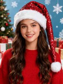 1顶加厚亮片圣诞帽，红色长款亮片圣诞帽，节日气氛帽，贝雷帽，圣诞老人和圣诞奶奶节日头饰，适合圣诞派对、游行、办公室活动和家庭聚会。 - 彩色 - 查看 2