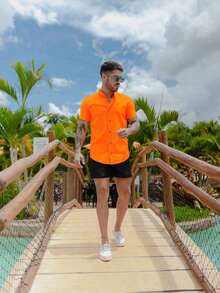 Men's Short-Sleeve Shirt With Mandarin Collar And Linen-Look - Assorted Colors - Comfortable - Orange - View 3