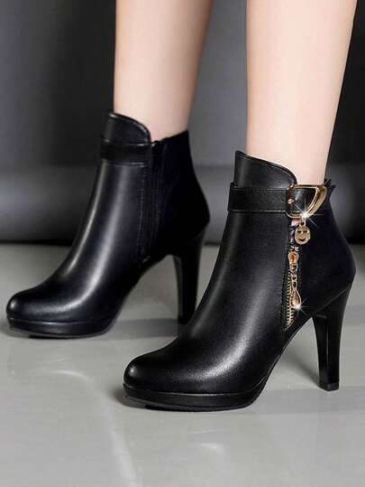 hanxiangyuzu 女士尖头踝靴，新款时尚纯色高跟靴，侧拉链设计，黑色，适合秋冬季穿着