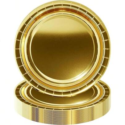 100/50/30/20 piezas Platos de papel desechables dorados de 7"/9", gruesos y a prueba de fugas, limpieza en 3 segundos, para fiestas/campamentos/uso doméstico, adecuados para pasteles, cumpleaños, festivales, graduaciones, Navidad, Acción de Gracias, Ramadán, decoración de Pascua