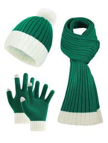 3pcs Women Simple Solid Color Vertical Striped Knit Knitted Beanie, Scarf Set With Gloves, Warm And Cozy For Casual Outdoor Use In Autumn/Winter Christmas Winter Accessories Winter Outfits