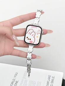 1条女士可爱兔子金属表带，兼容38mm/41mm/42mm/44mm/45mm/49mm Series 11/10/9/8/7/SE3，时尚替换腕带，兼容华为Watch Fit 4/Fit 3，红米Watch 6/5/4，9 Pro/8 Pro