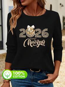 Women's Black 100% Cotton Autumn 2026 Happy New Year Crew Neck Simple Casual Everyday Top, Celebrating The New Year With Printed Pattern, Sparkling Ball And Bow Print Long-Sleeved T-Shirt, Full Of New Year's Atmosphere Printed Long-Sleeved T-Shirt Top - Black - View 4