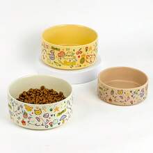 Cartoon Print Ceramic Cat Bowl, Material Pet Food Bowl, Anti-Slip & Neck Protection Cat/Dog Feeding Bowl - Multicolor - View 2
