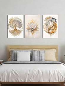 3幅现代生命之树与莲花海报，家居装饰，舒缓墙面艺术装饰，客厅、卧室、办公室、餐厅墙面装饰，绘画，房间美学印刷艺术品礼品 - 彩色 - 查看 12