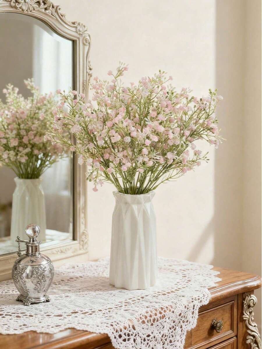 1/80支人造植物塑料满天星花束假花情人节新娘花束婚礼花瓶家居餐厅卧室装饰，节日生日派对用品，户外花园装饰 - 粉色 - 查看 1