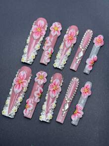 10 Handmade Coffin-Shaped Pressed Nails, Soft Pale Pink, Three-Dimensional Transparent White Flowers (With Pink Pattern Fading), Flower Heart Decorated With Golden Diamonds, Delicate Texture; With Pearl + Silver Rhinestone Edge, Some Nail Surfaces Also Have Silver Glitter Strips, Gorgeous But Not Ostentatious, Full Of Sweet Girl Feeling, Very Suitable For Daily Life Or Dating. - Multicolor - View 2