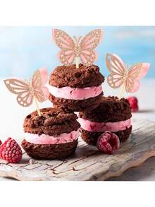 12pcs Light Red Butterfly Cupcake Toppers, Double-Layered Design, 3D Glitter, Butterfly Cocktail Picks, Suitable For Birthday, Wedding And Other Occasions - Multicolor - View 4