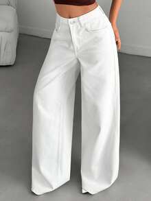 Jeans a vita alta e gamba dritta, jeans ampi e morbidi, stile versatile, pantaloni lunghi fino a terra, pantaloni casual in cotone per primavera/estate, adatti per l'ufficio, appuntamenti, lavoro, anche una scelta elegante per le signore per San Valentino e Capodanno. Pantaloni bianchi lunghi. - Bianco - Visualizzare 4