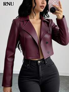 RNU 女士酒红色PU皮优雅夹克，适合派对、婚礼宾客、外出、冬季等各种场合，优雅的秋季派对装扮，春夏秋季服装，时尚优雅的女士休闲装，情人节装扮，狂欢节装扮，休闲夹克，新年装扮，秋冬季服装 - 酒紅色 - 查看 4