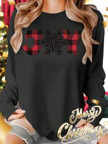 1pcsWomen's Oversized Christmas Long Sleeve T-Shirt - Red & Black Plaid JOY Lettering & Snowflake Print, Round Neck Casual Elegant Holiday Top, All-Season Comfort Fit (Sizes ) - Machine Washable Winter Everyday & Party Wear, Festive Clothing, Seasonal Fashion, Retro Style, Soft Texture, Durable, Printed Blouse, Plus Size Womensweatshirt - màu đen - Xem 1