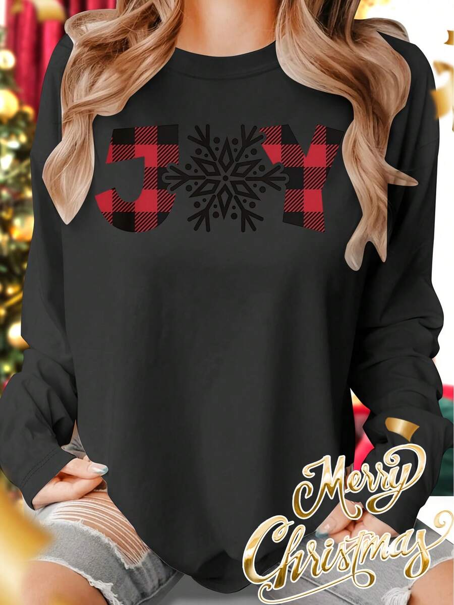 1pcsWomen's Oversized Christmas Long Sleeve T-Shirt - Red & Black Plaid JOY Lettering & Snowflake Print, Round Neck Casual Elegant Holiday Top, All-Season Comfort Fit (Sizes ) - Machine Washable Winter Everyday & Party Wear, Festive Clothing, Seasonal Fashion, Retro Style, Soft Texture, Durable, Printed Blouse, Plus Size Womensweatshirt - màu đen - Xem 1