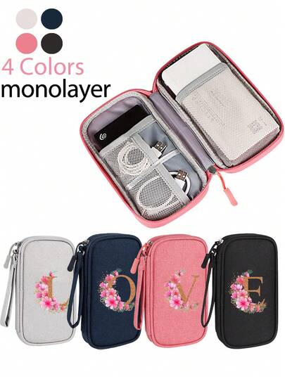 1pc Floral Letter A-Z Digital Storage Bag, Multifunctional Digital Organizer Bag, Data Cable Organizer Bag, Power Bank Charger Cable U Disk Travel Organizer, Earphone Bag, Waterproof Charger Storage Box, Computer Charger Mouse Organizer Bag