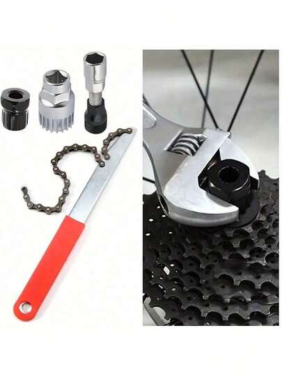 这款四件套多功能自行车链条维修工具组是链条保养、链轮拆卸和花鼓维修的必备工具。它包含链条扳手、飞轮锁环工具、中轴工具和飞轮拆卸器，涵盖传动系统维护的所有关键方面。使用简便，是骑行者和维修技师保持自行车顺畅运行的必备工具。
