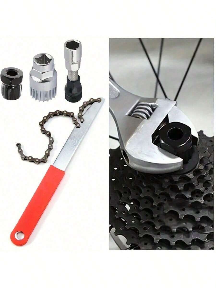 这款四件套多功能自行车链条维修工具组是链条保养、链轮拆卸和花鼓维修的必备工具。它包含链条扳手、飞轮锁环工具、中轴工具和飞轮拆卸器，涵盖传动系统维护的所有关键方面。使用简便，是骑行者和维修技师保持自行车顺畅运行的必备工具。