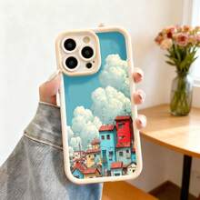 Funda para telefono con borde negro diseño de casas coloridas y nubes cielo azul ideal para uso diario y viajes - Blanco - Ver 7