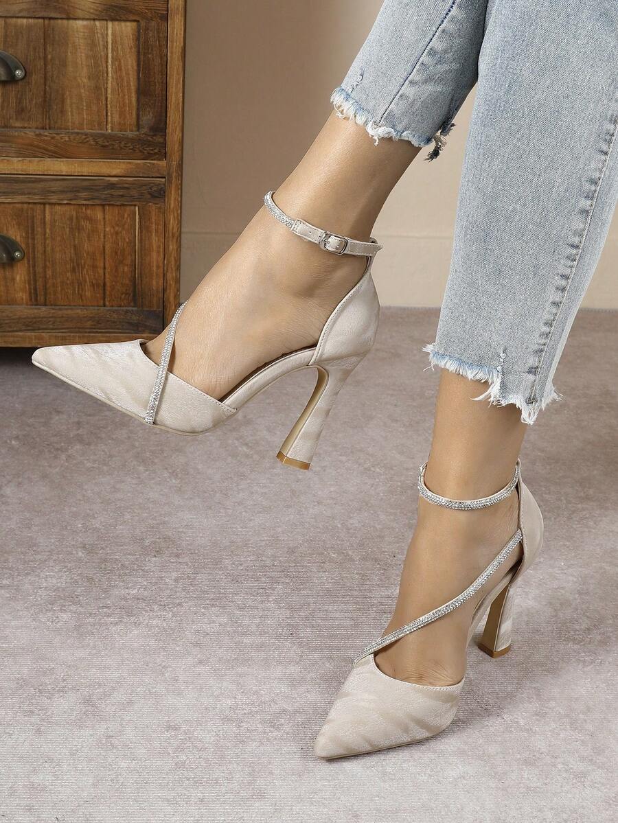 Giày cao gót hở mũi nhọn thanh lịch dự tiệc cho nữ, màu đen, bạc, trắng - Màu be - Xem 1