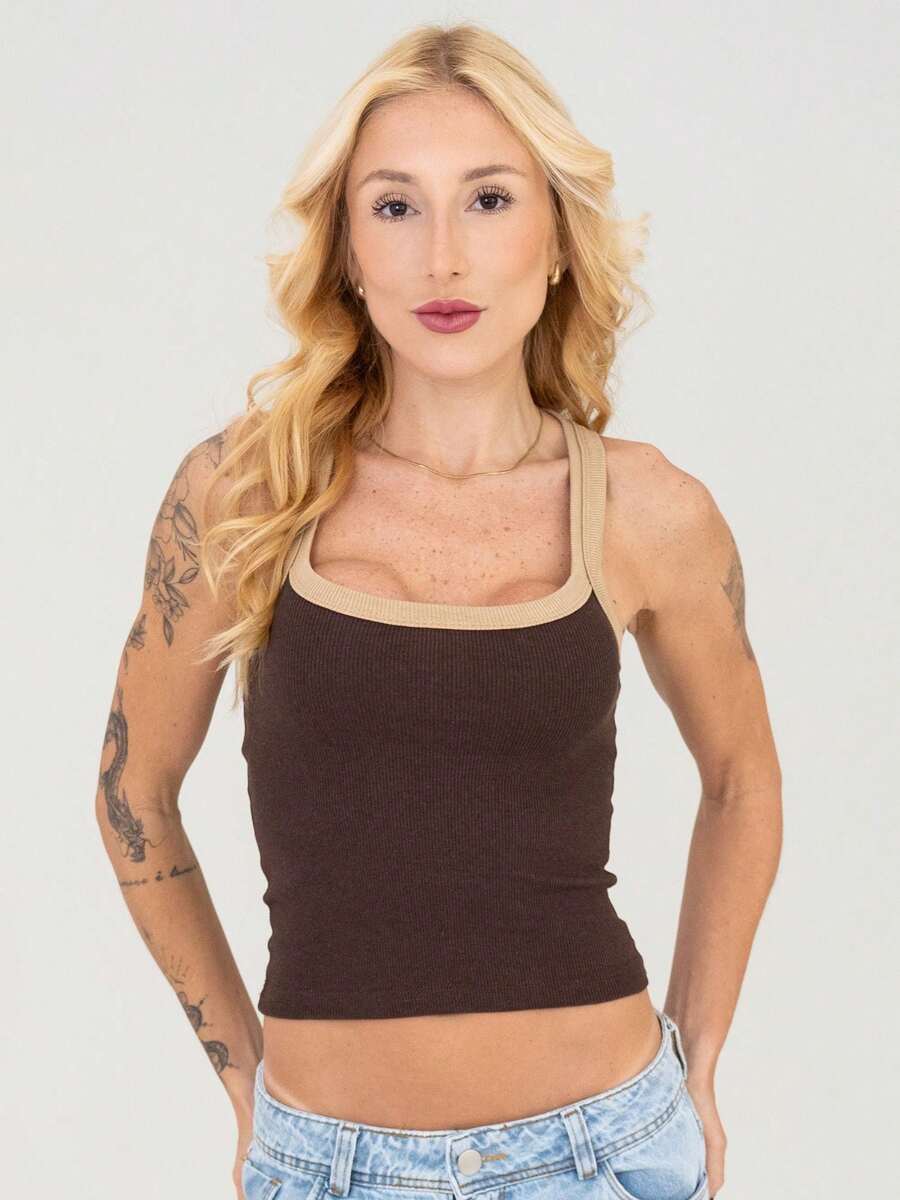 Women's Ribbed Tank Top, Cotton With Elastane - 米色斜紋 - 查看 1
