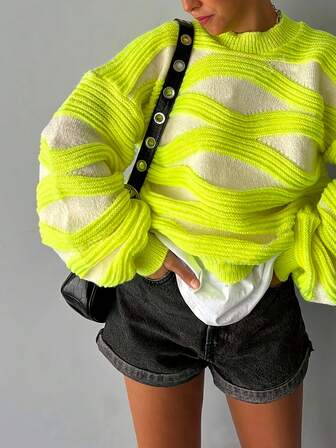 Plus Size 2025 Autumn/Winter Oversized Classic Striped Comfortable Round Neck Sweater For Women