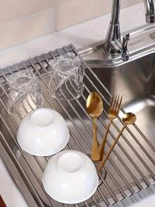 1 pieza Escurridor de platos enrollable, Rejilla escurreplatos multifuncional de acero inoxidable sobre el fregadero, Rejilla portátil enrollable de acero inoxidable, Felpudo para el fregadero, Utensilio de cocina - Multicolor - Ver 4