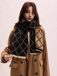 1pc Women's Christmas Cashmere Scarf, Geometric Pattern Plaid Print, Casual Lightweight Soft Winter Shawl Wrap Travel Scarf - Khaki - View 2