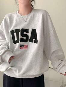 New Fall/Winter Collection: Loose-Fitting, Casual Round-Neck Sweatshirt With Cartoon And Text Print, Korean Style, For Women - Xám nhạt - Xem 4