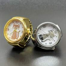 Reloj de anillo de cuarzo con esfera redonda de gato único y elegante, reloj de dedo popular de alta gama en dorado/plateado - Dorado - Ver 1