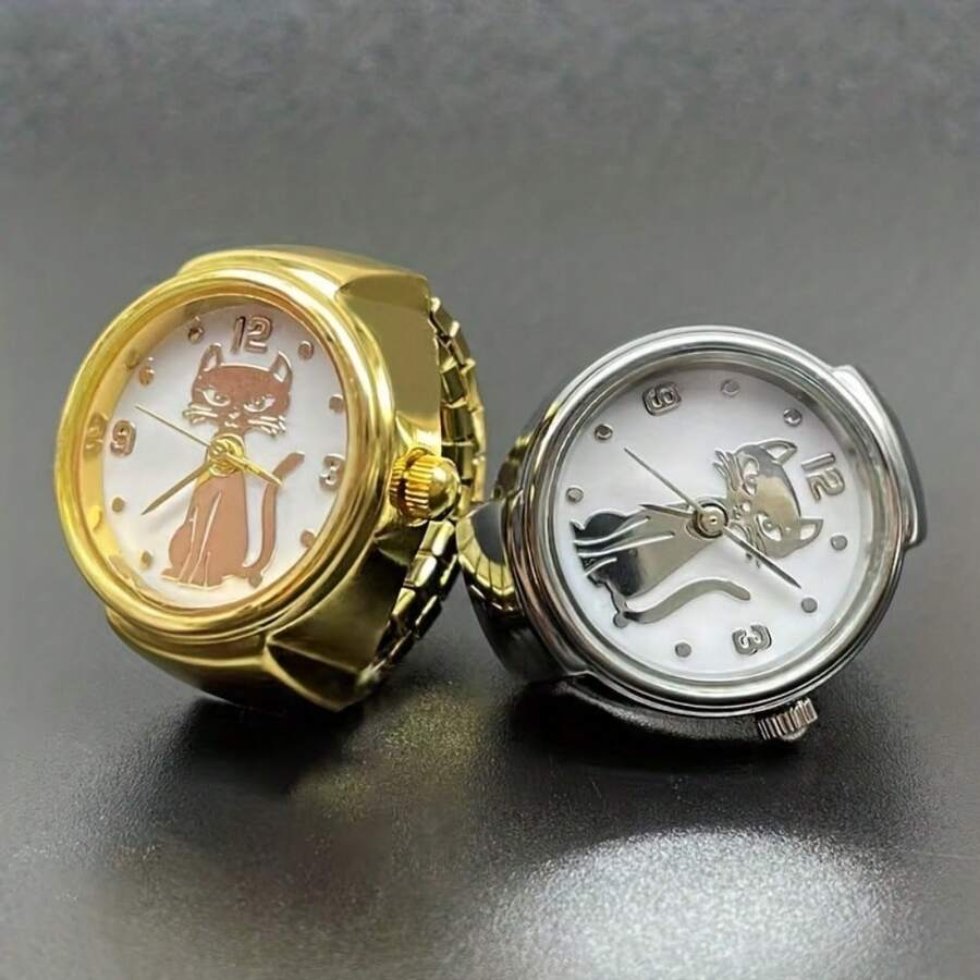 Reloj de anillo de cuarzo con esfera redonda de gato único y elegante, reloj de dedo popular de alta gama en dorado/plateado - Dorado - Ver 1