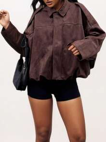 Women's Dark Brown Faux Suede Jacket Lapel Loose Fit Long Sleeve Casual Streetwear Outfit 2025 - Màu nâu - Xem 5