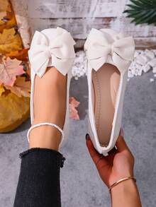 Sapatilhas Femininas Novas com Laço, Mocassins Casuais com Bico Quadrado Bege, Laço Floral Slip-On