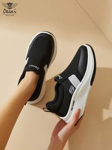 DESAI 1 Pair Women's Thick Sole Elevator Casual Sneakers, Elastic Mesh Breathable Slip-On Lightweight Non-Slip Comfortable Moms Shoes - Black - View 9