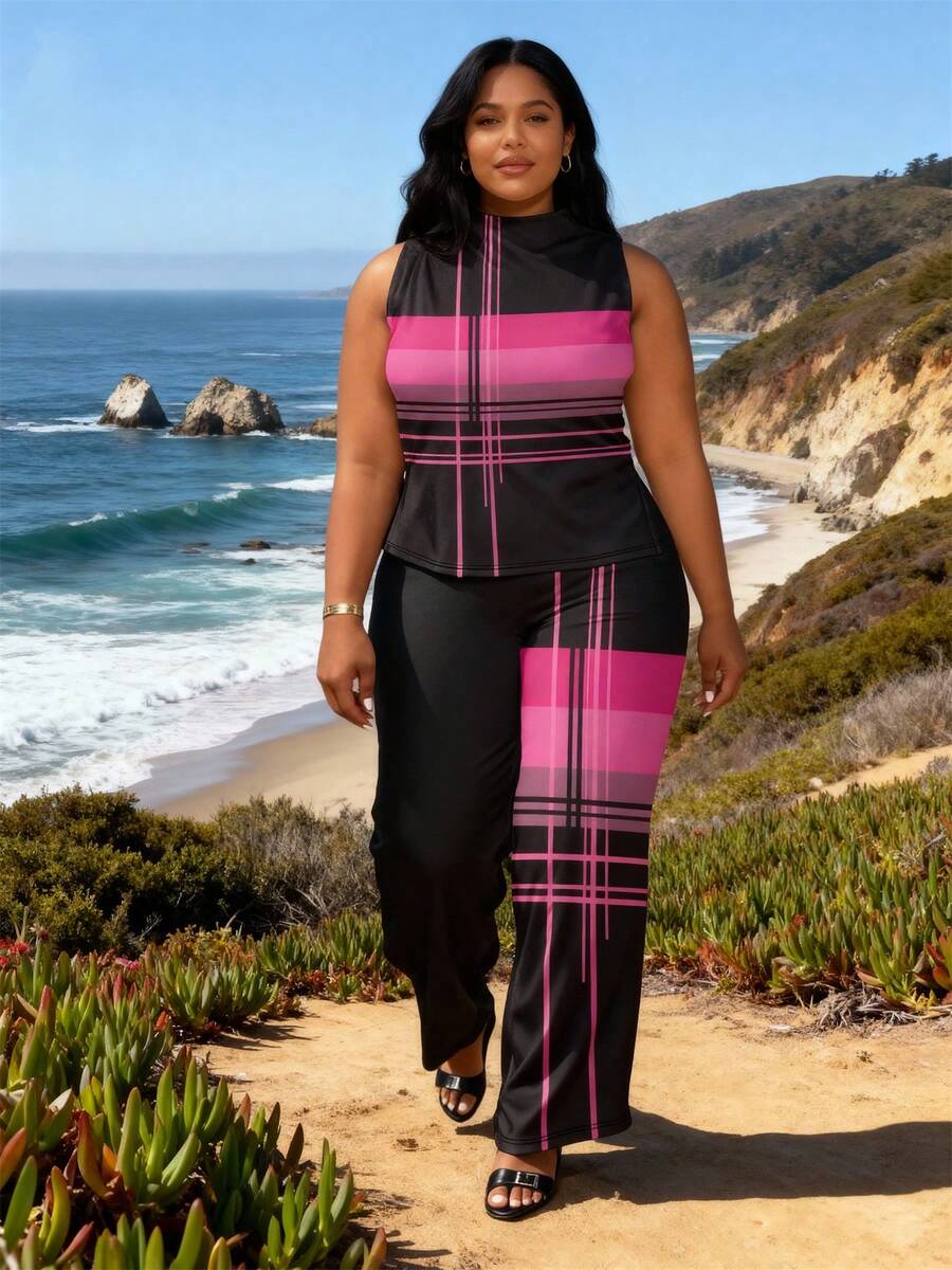 Large Size, Women's Two-Piece Casual Striped Print Sleeveless High-Neck Slit Top And Loose Wide-Leg Pants Set, Made Of Fabric, Standard Fit, No Belt Required, Suitable For Spring, Summer And Autumn Series - 玫紅色 - 查看 1