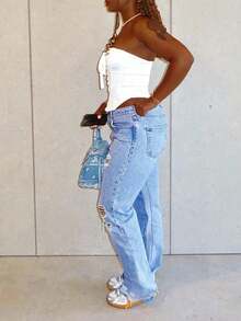 Pantalones vaqueros anchos y rectos con pierna ancha, cintura alta, rotos y desgastados, estilo Y2K para mujer, para uso diario, pantalones vaqueros largos de verano - Azul - Ver 3