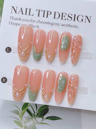 10片Y2K美甲杏仁形按压式美甲套装 - 手工制作，粉色美甲，蓝色法式尖头，手绘3D金色不规则线条图案，手绘蓝白不规则图案，白色珍珠设计，非常适合派对和休闲装扮，是送给女性和女孩的完美节日礼物，包含工具包。