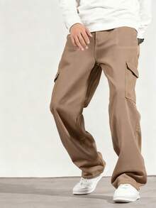 1 件青少年男孩复古休闲简约牛仔效果口袋工装裤，春夏秋冬 - 卡其色 - 查看 3