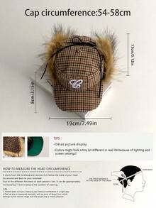 Flat Top British Retro Faux Fur Baseball Cap, Letter Embroidery, Warm Fleece Ear Protection Hat, Foldable Plaid & Leopard Print Big Letter Baseball Cap, Fashionable Street Style Ear Warmer Snapback Cap - Multicolor - View 3