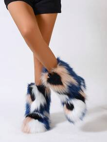 New Plush Ankle Boots, Warm Faux Thermal Lined Mid-Calf Boots, Fashionable & Cute Snow Boots For Winter - White and Blue Blocks - View 4