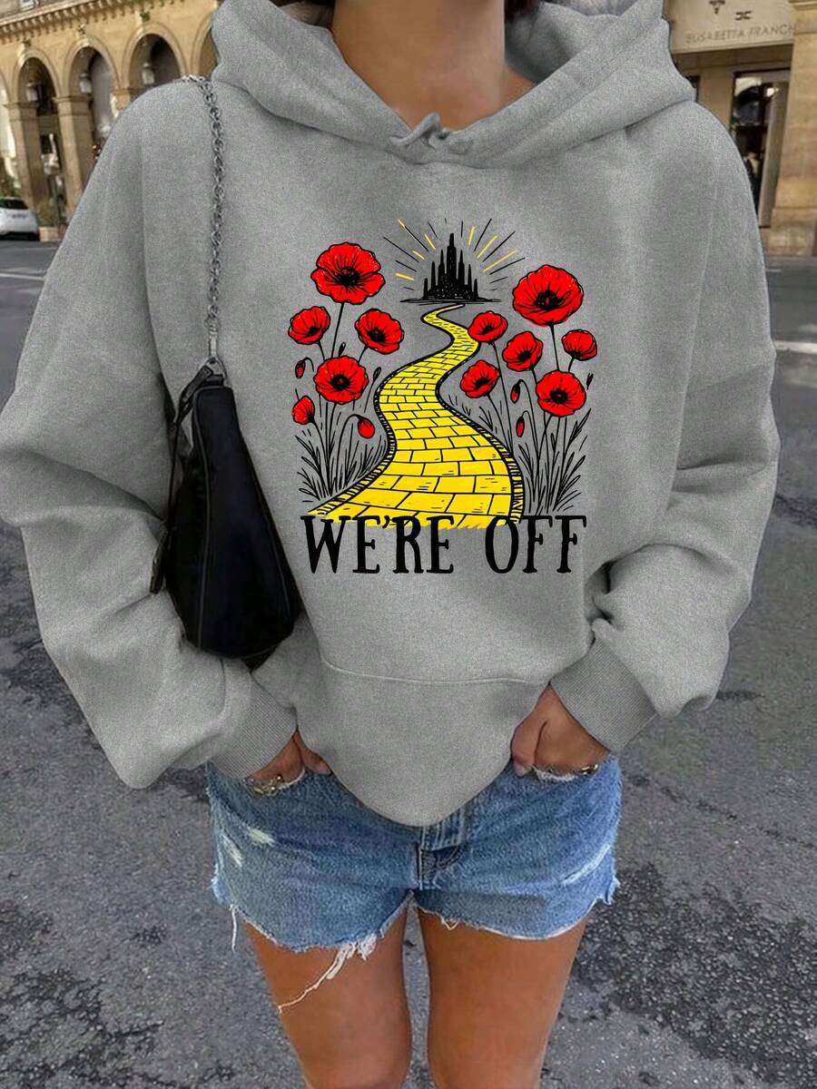 Women'S Wizard Of Oz Dorothy Hoodie - Iconic Yellow Brick Road & Ruby Slippers Design With Poppy Field Poppies, Long Sleeve Pullover Sweatshirt With Pocket, Machine Washable Cozy Fall Winter Casual Wear & Themed Party Outfit (We're Off Lettering) -Women's Festive Soft Cotton Women's Hooded Sweatshirt - 灰色 - 查看 1