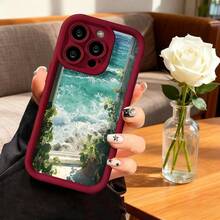 Cubierta de teléfono con borde negro y diseño de paisaje marino con plantas verdes para iPhone 14 Pro Max protección contra caídas estilo natural ideal para uso diario y viajes - Negro - Ver 4