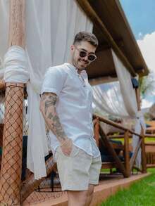Men's Short-Sleeve Shirt With Mandarin Collar And Linen-Look - Assorted Colors - Comfortable - Clear - View 2