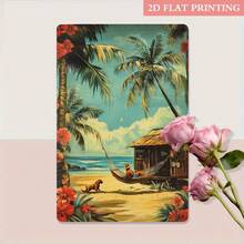 2D Flat, 1pc Tropical Paradise Beach Hut Metal Sign - 20.32x30.48 Cm Iron Wall Decor With Palm Trees, Hammock & Dog,  Coastal Atmosphere For Home, Beach Cottage & Summer Decoration, Beach Theme Decor, Perfect For Room Decor - White - View 5