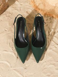 On feet& in love Women's Fashion Elegant Patent Leather Chunky Heel Slingback Closed Toe Pumps, Versatile For Party And Wedding Outfits - Dark Green - View 6