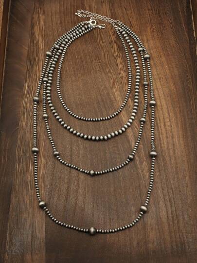 4-Layer 2pcs Western Country Style CCB Pearl Beaded Long Necklace, Suitable For Casual Wear By Cowgirl Girls