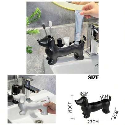 Dachshund Toothbrush Holder, 4 Storage Compartments Toothbrush and Toothpaste Holder, Cute Ceramic Dachshund - Shaped Toothbrushes Holders, Bathroom Vanity And Countertops Decor Coffee