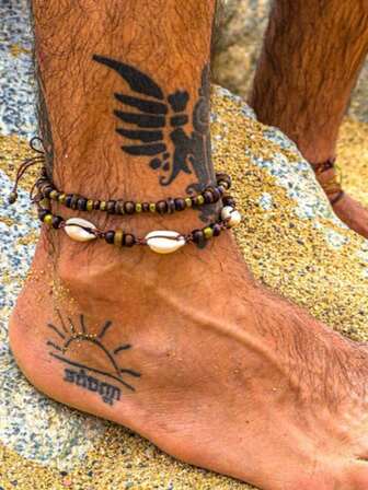 Bohemian , Shell, Wood Bead, Coconut Shell, Ankle Chain, Beach Vacation Style, Woven, Adjustable Bracelet, Ankle Chain
