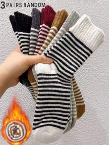 3 Pairs Women's Solid Color Thick Thermal Lined Warm Breathable Crew Socks, Cozy Socks