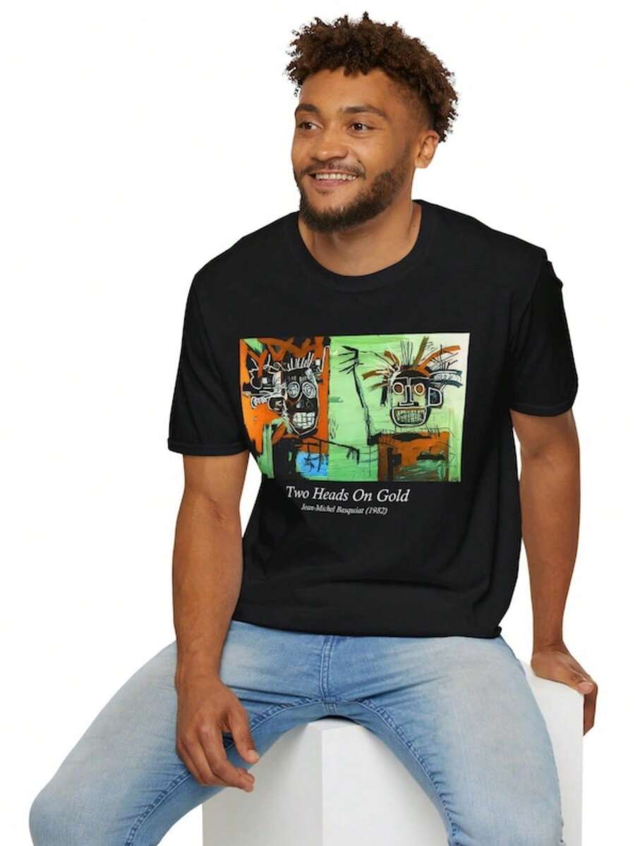 Basquiat T-Shirt, Two Heads On Gold Jean-Michel Painting Tee, Graffiti Art Shirt, Street Art Fans, G - 黑色 - 查看 1