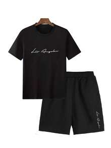 2 pzas Los Angeles Impresión Ropa de Hombre Casual Cuello Redondo Manga Corta Playera y Shorts con Cordón Primavera y Verano Deportes Portada - Negro - Ver 1