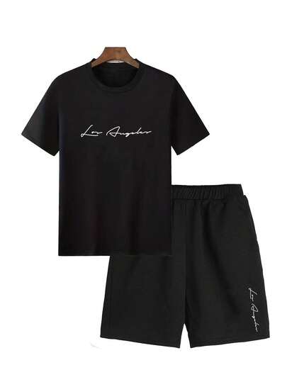 2 pzas Los Angeles Impresión Ropa de Hombre Casual Cuello Redondo Manga Corta Playera y Shorts con Cordón Primavera y Verano Deportes Portada